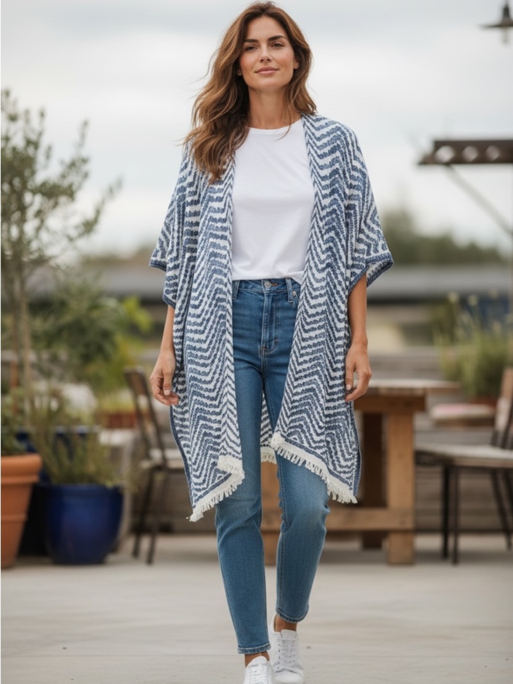 Caftan indigo & white with fringe